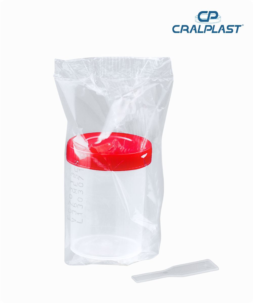 Coletor de urina 50mL com pá estéril individual  tampa vermelha